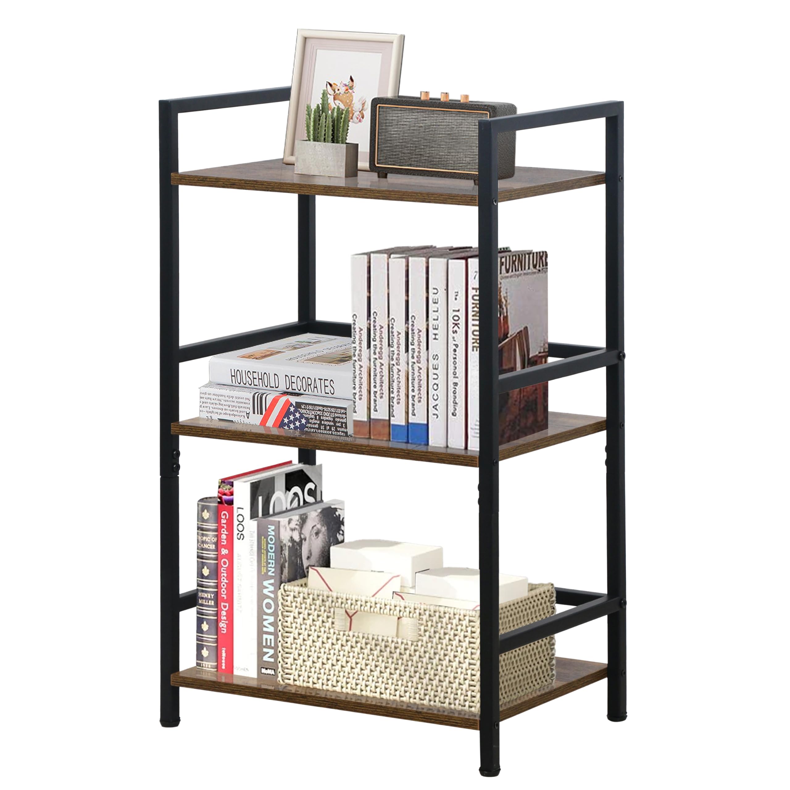 Photo 1 of LOFTEY Book Shelf Small Bookshelf, 3 Tier Industrial Short Bookshelf, Metal Open Shelf Bookcase for Living Room, Bedroom, and Office, Rustic Brown