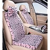 seemehappy Fluffy Leopard Seat Covers for Cars Front Seat Covers Carseat Front Two Seat Protectors with 2 Neck Pillows for Truck SUV Auto-Pink Leopard-Front 6 PCS