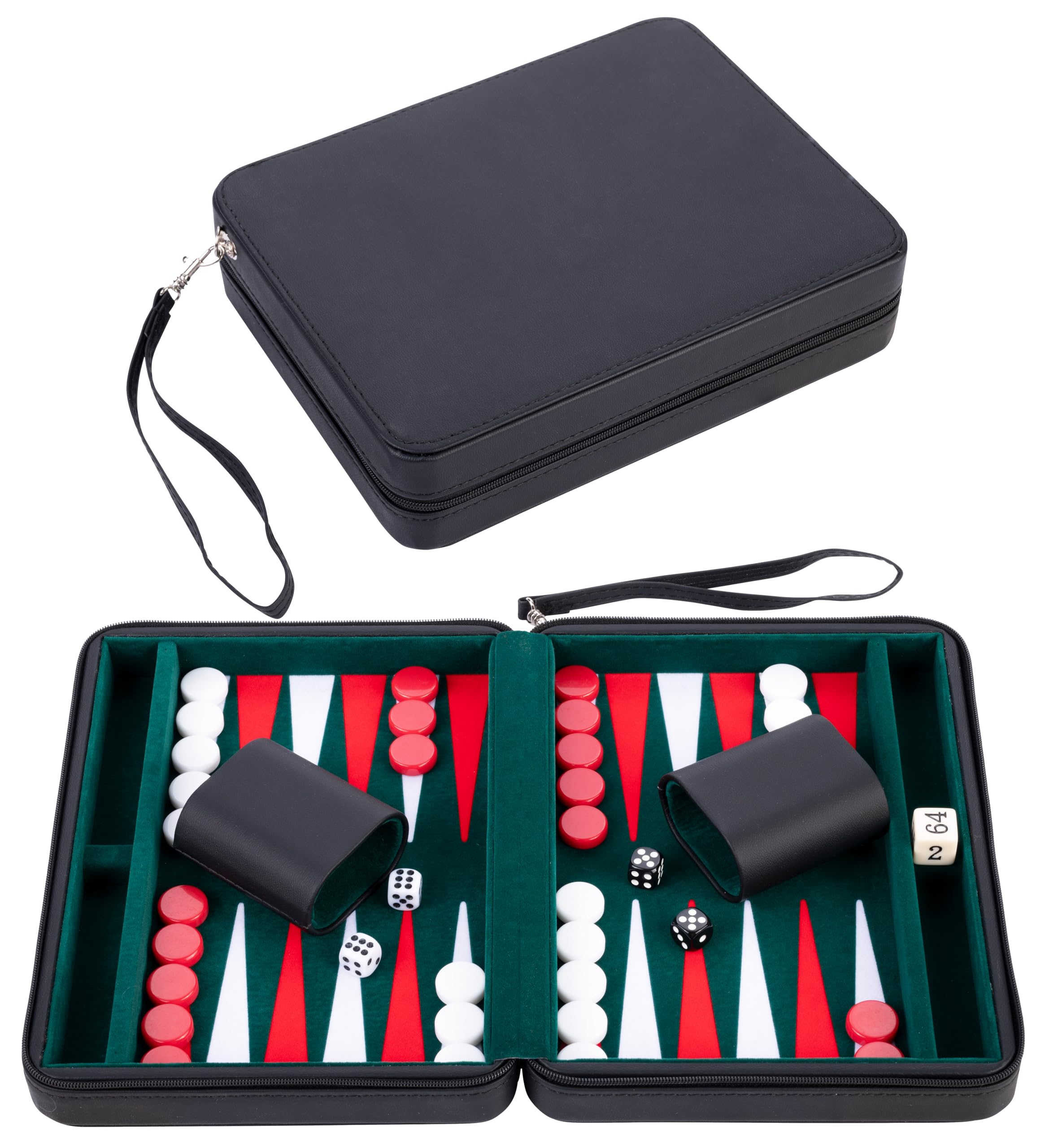 Engelhart – 250502 – Travel Backgammon Set 9-Inch Deluxe with Inlay Felt – Black Zipper Closure (Green, Red, White)