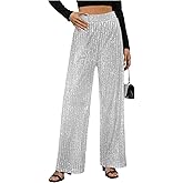 WDIRARA Women's Sequin Sparkle Pants Elastic Waist Wide Leg Party Club Trousers