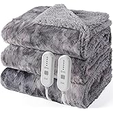 Dowin Electric Blanket Queen Size, Faux Fur Heated Blanket with Dual Controller 84"x 90",5 Heating Settings and 10Hrs Auto-Off Warming Throw Blankets,Grey
