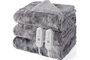 Dowin Electric Blanket Queen Size, Faux Fur Heated Blanket with Dual Controller 84"x 90",5 Heating Settings and 10Hrs Auto-Off Warming Throw Blankets,Grey