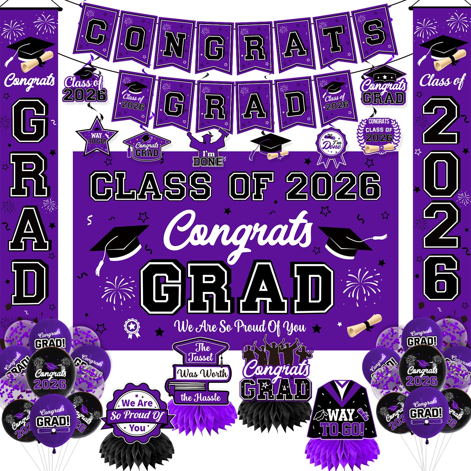 Graduation Decorations Class of 2026 Purple Graduation Party Decor Set include Congrats Grad Banner Backdrop Class of 2026 Balloons Party Supplies