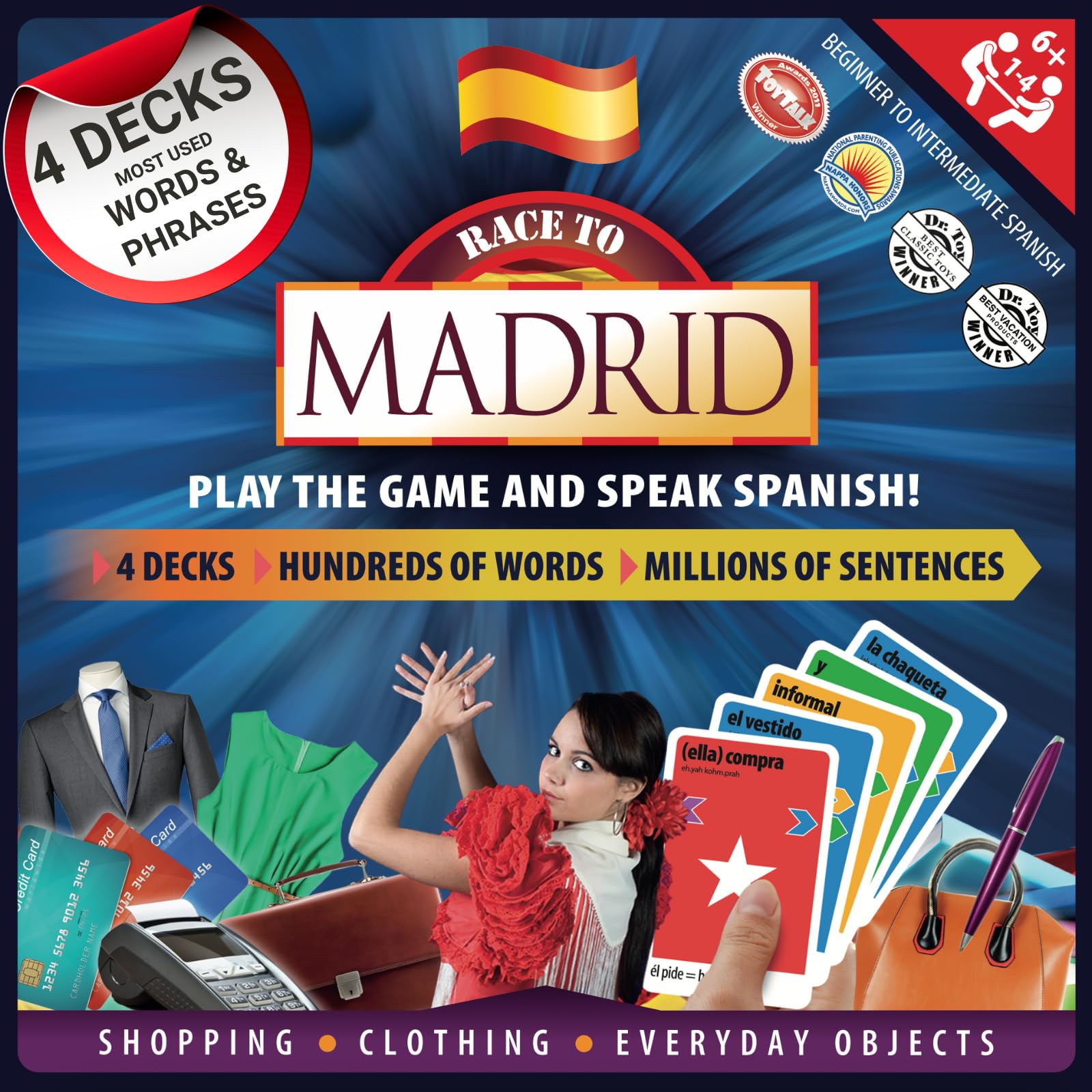 Spanish Board Game – Race to Madrid | Easy to Learn Words, Grammar, Verbs | Fun for Adults, Kids, Beginners, Classroom | 4 Decks Dynamic Flash Cards