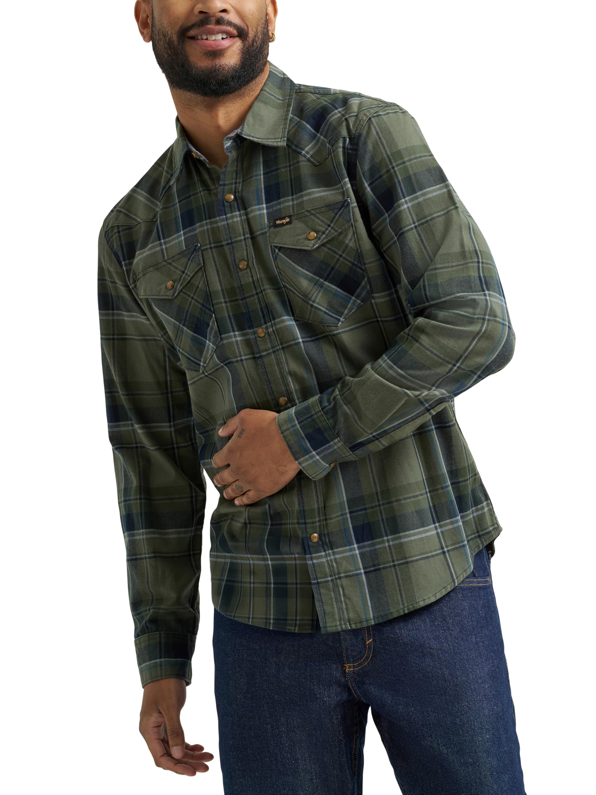 Photo 1 of Wrangler Men's Iconic Denim Regular Fit Snap Shirt, Thyme Plaid, X-Large