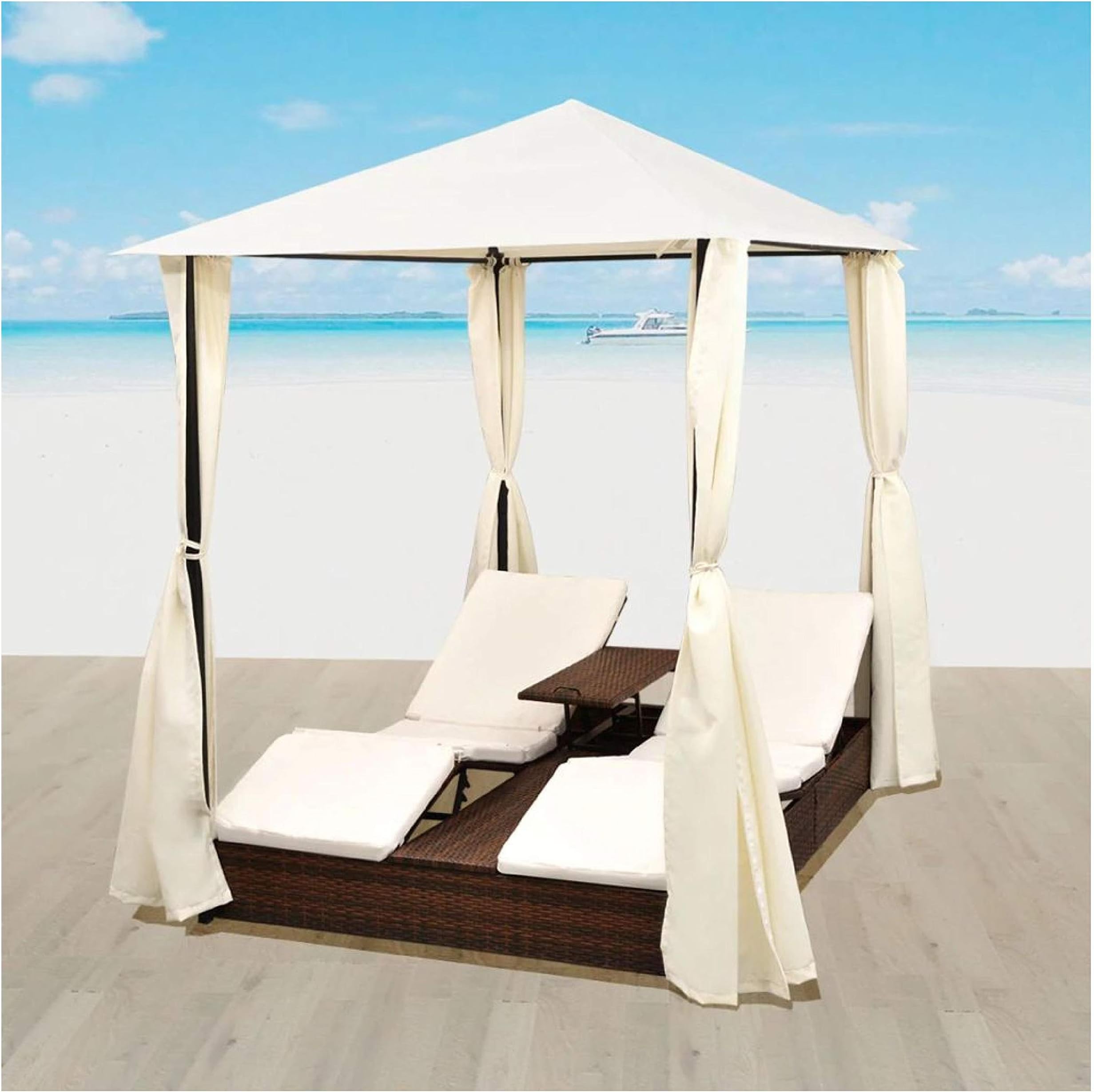 Sun Lounger, Double Sun Lounger with Curtains Poly Rattan Brown