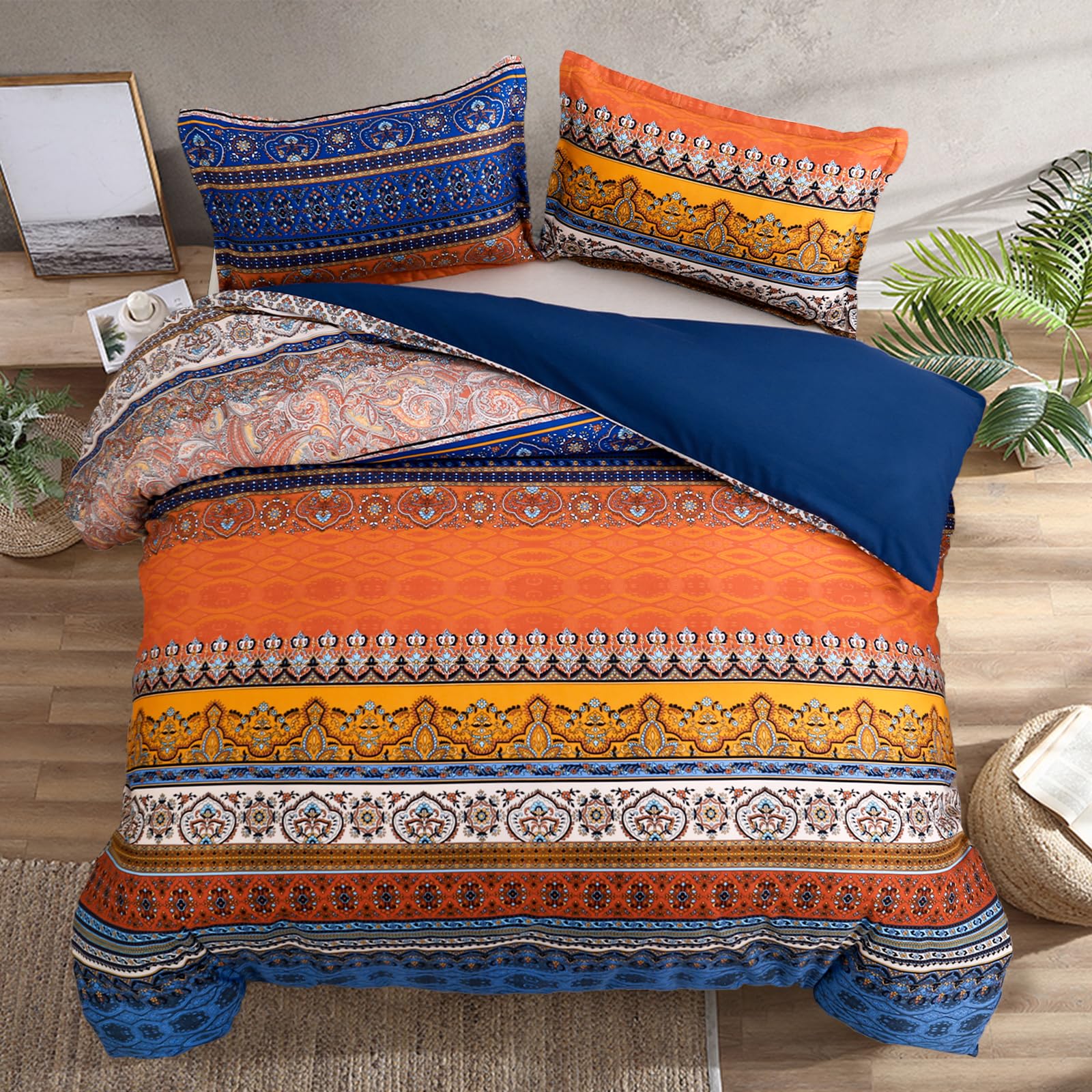 King Size Bohemian Duvet Cover Orange and Blue Colorful Boho Bedding Set with 2 Pillowcases Soft Microfiber Moroccan Bed Cover 220cm X 230cm