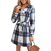CUPSHE Women's Mini Fall Dresses Button Long Sleeves Plaid Belted Casual Short A Line Shirt Dress