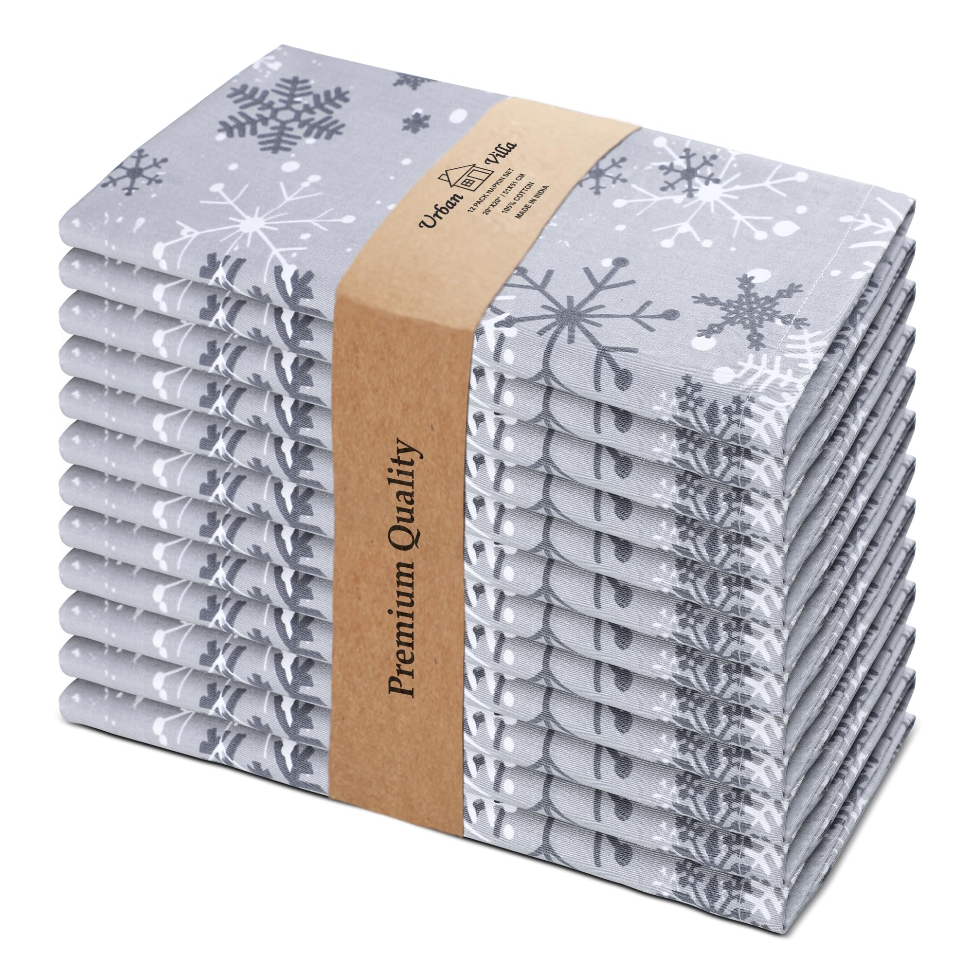 Photo 1 of Urban Villa Christmas Dinner Napkins Grey Snowflake Print Cloth Napkins Set of 12 Size 20x20 Inches 100% Cotton Dinner Napkins for Christmas Celebrations Wedding Parties Everyday use Soft Quality