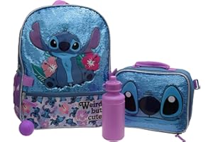 Disney Lilo & Stitch Girls 4 Piece Backpack Set, Flip Sequin 16" School Bag with Front Zip Pocket, Blue