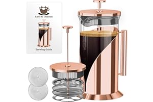 French Press Coffee Maker 34oz – Stainless Steel & Glass Coffee Press with 4-Level Filtration, BPA-Free Cafetiere for Camping