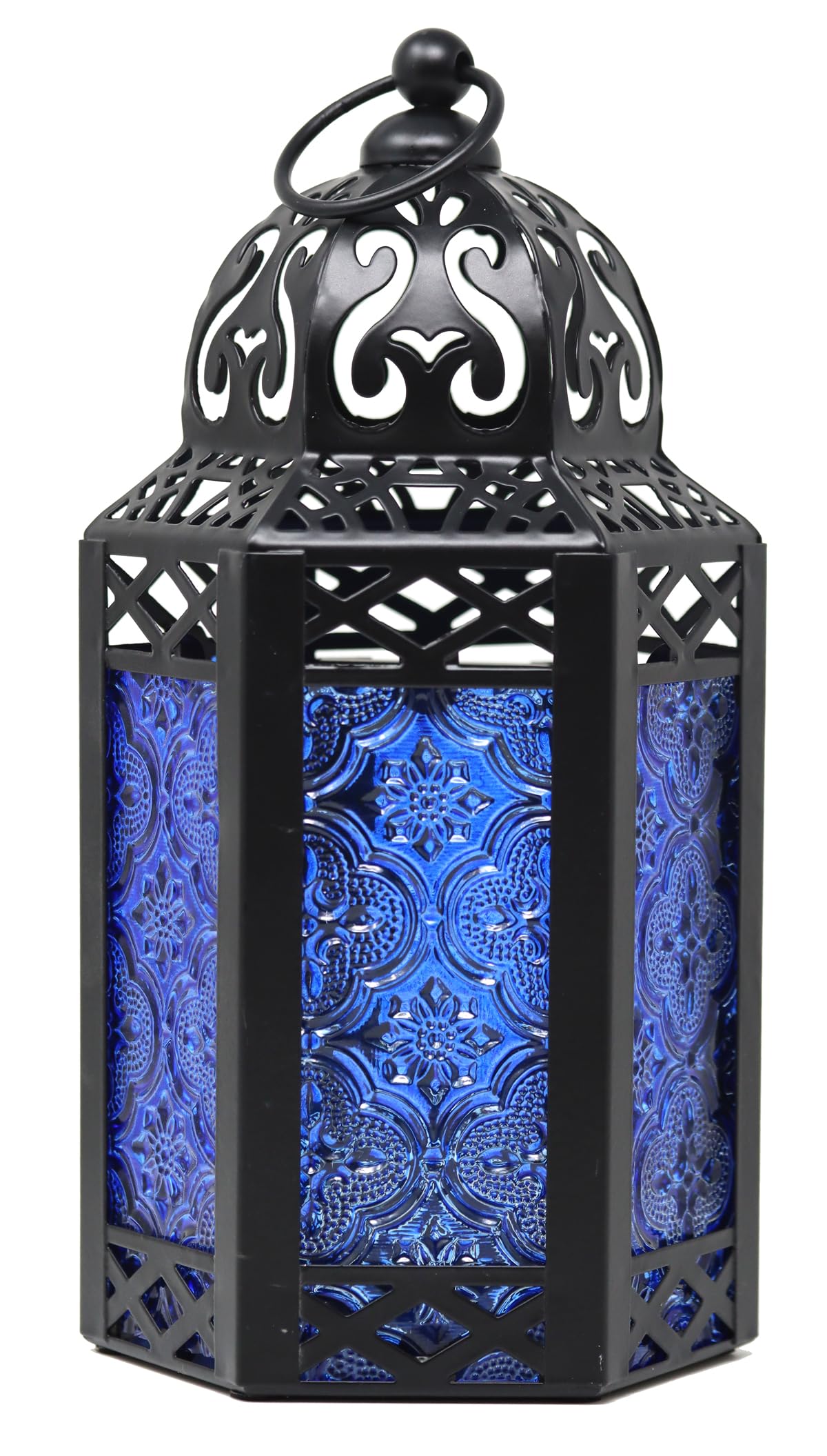 Black Metal Decorative Moroccan Lantern Candle Holder Lamp for Indoor or Outdoor Home Decor, Small, Cobalt