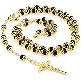 LIFETIME JEWELRY Gold Rosary Crucifix Necklace with Black Crystal Prayer Beads 24K Real Gold Plated