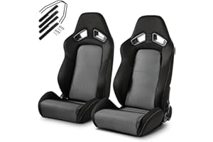 ModifyStreet Universal Black+Grey Mesh PVC Reclinable Racing Seats Pair W/Slider