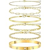 MOINSPIRE Gold Bracelets for Women Non Tarnish, Dainty 18K Gold Plated Bracelets Stack Trendy Waterproof Stackable Bangles, Cuban Link Paperclip Chain Jewelry Set Fashion Accessories Gifts for Women