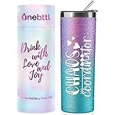 Onebttl Boss Lady Gifts for Women, Chaos Coordinator Tumbler for Boss, Secretary, Manager, Coworkers, Stainless Steel Skinny Tumbler 20oz with Lid and Straw, Glitter Blue & Purple