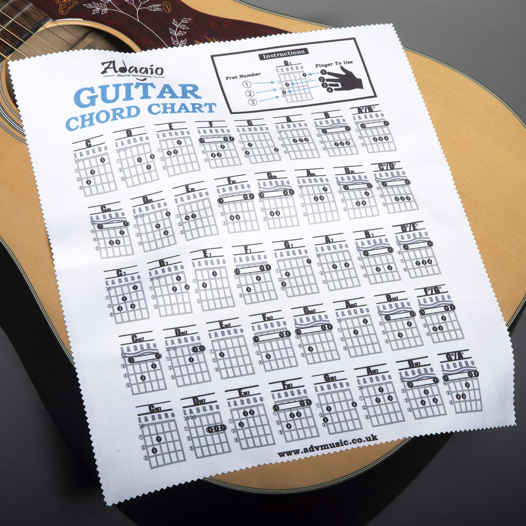 Adagio Microfibre Guitar Chord Chart Cleaning Cloth - for polishing and applying cleaner or lemon oil to strings and frets. Also great for cars and windows!