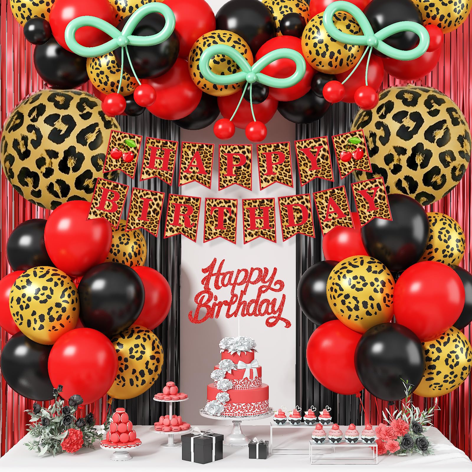 Red Cheetah and Cherry Birthday Decorations, Leopard Brithday Banner Red Black Cheetah Print Balloons Fringe Curtain Cake Toppers for Girls Women Birthday Bachelorette Party Decoration Supplies