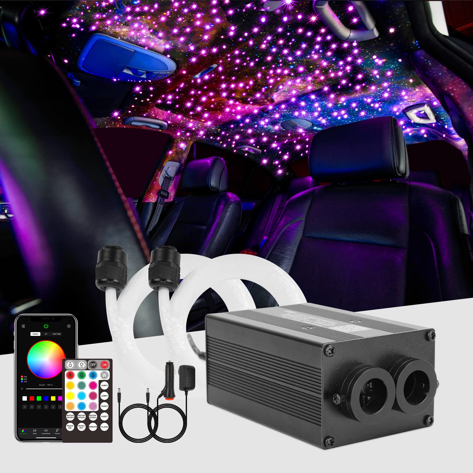 CHINLY Bluetooth 12W RGBW Twinkle LED Fiber Optic Star Ceiling Lights Kit APP/Remote Control 450pcs*0.03in*9.8ft for Home/Car