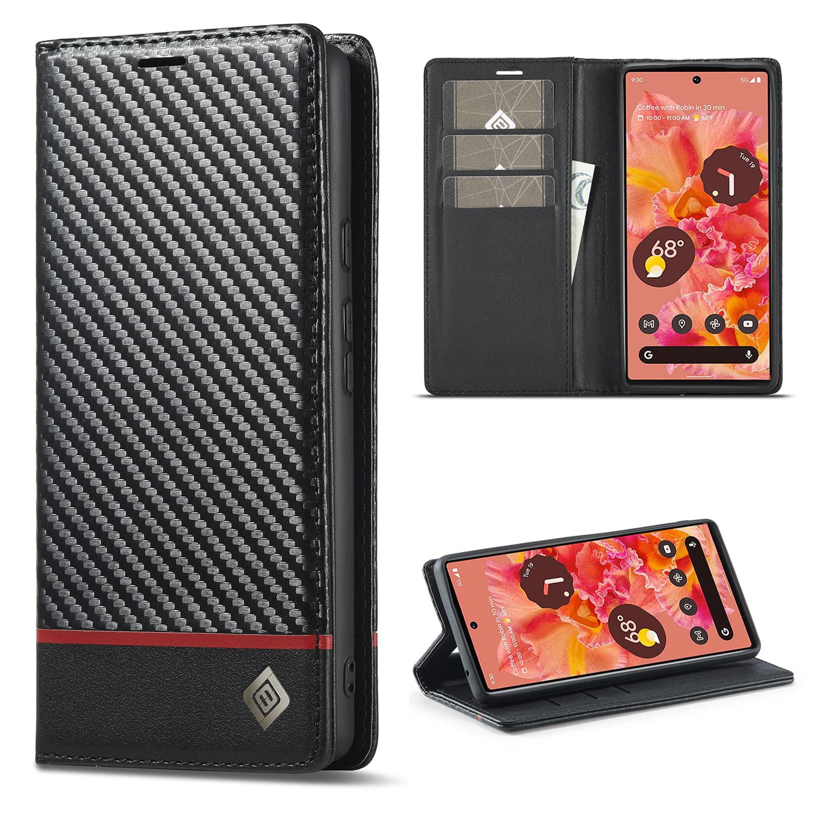 ZTOFERA Compatible with Google Pixel 6 Pro Wallet Case, Premium PU Leather Carbon Fiber Flip Case with Card Holder Magnetic Kickstand Protective Phone Case for Google Pixel 6 Pro, Horizontal Red Line
