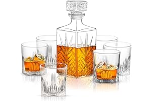 Paksh Novelty Whiskey Decanter Set - 7-Piece Italian Crafted Glass Decanter & Whiskey Glasses Set - Holiday Whiskey Gifts for Men and Women w/ Ornate Stopper and 6 Cocktail Glasses, Red