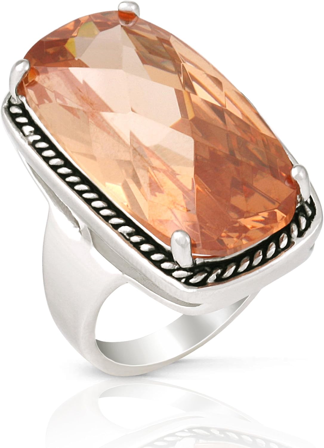JanKuo Jewelry Rhodium Plated Antique Vintage Style Champagne Color Cubic Zirconia Cocktail Ring