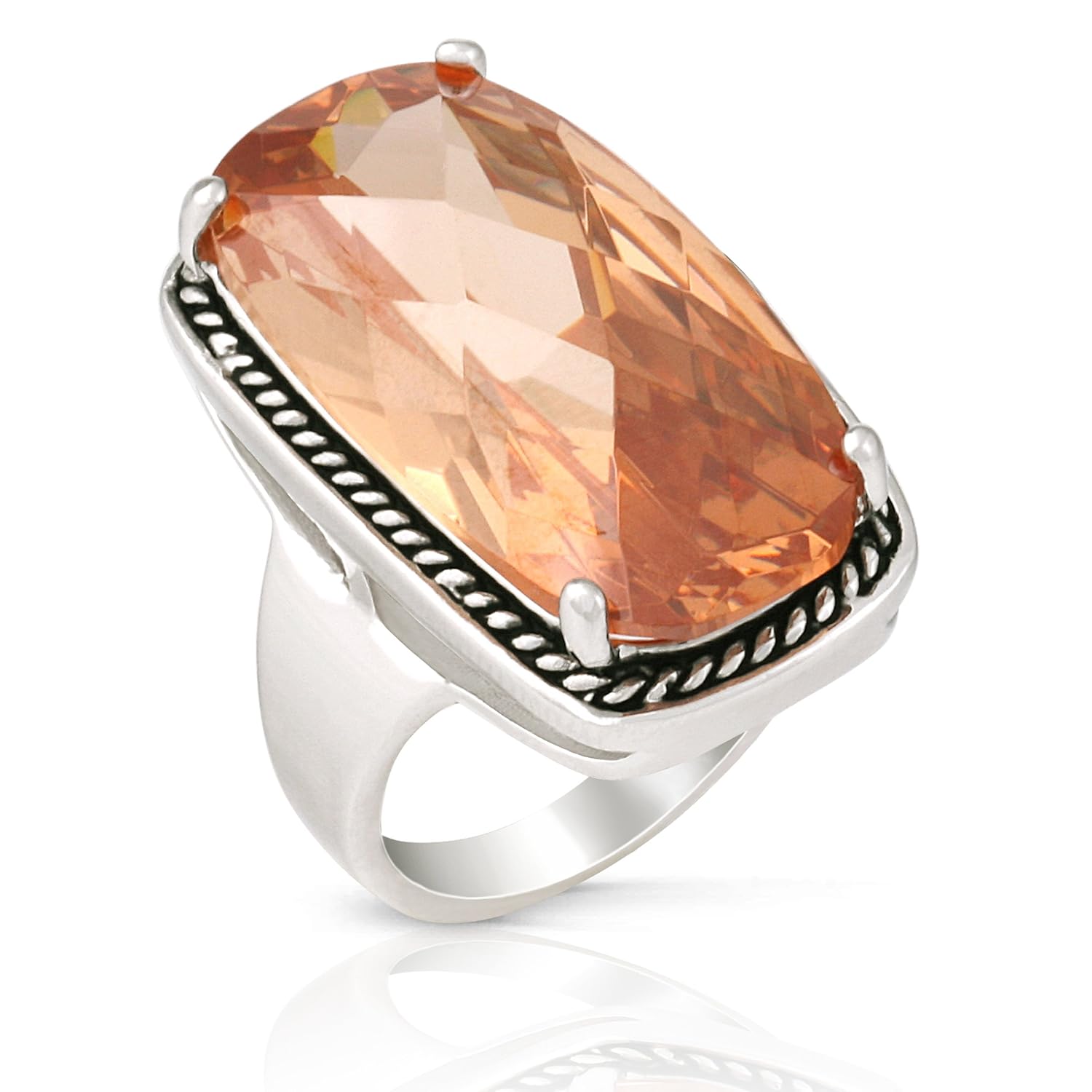 JanKuo Jewelry Rhodium Plated Antique Vintage Style Champagne Color Cubic Zirconia Cocktail Ring