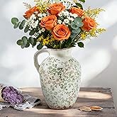 Enra Vintage vase,Ceramic Chinoiserie Floral Vase,Green and Beige Decorative Flower vase,Large Rustic Vases for Home Decors, Living Room, Bookshelf, Office,9.7 inch