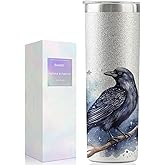 Onebttl Crow Gifts, Bird Lover Drinking Cup, Insulated 20 oz Stainless Steel Skinny Tumbler, Silver Glitter