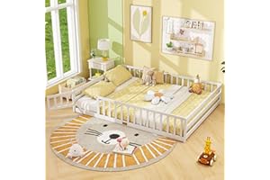 Giantex Queen Floor Bed with Door & Fence, Kids Wood Montessori Beds with Safety Guardrails, Floor Bed Twin for Kids, Boys, Girls, No Box Spring Needed, White