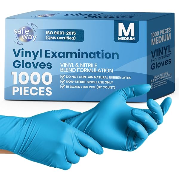 SAFEWAY USA DISPOSABLE VINYL MEDICAL GLOVES BULK — NON-LATEX, POWDER-FREE, MULTI-PURPOSE PROTECTIVE PROFESSIONAL GLOVES FOR HOUSEHOLD CHORES, NURSING, HOSPITAL, LAB WORK AND MORE — (1000 PCS, MEDIUM)