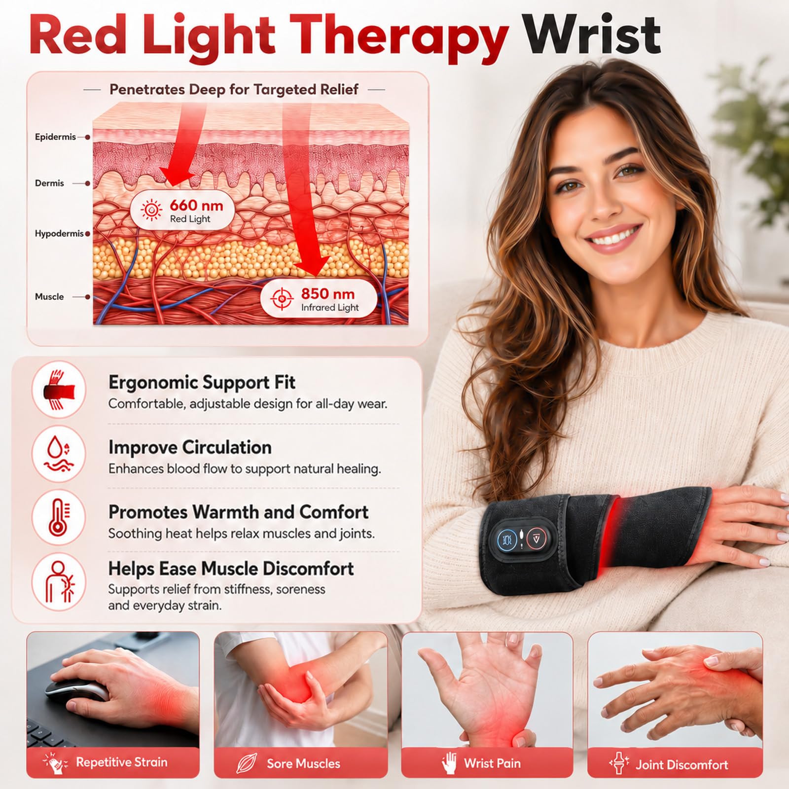 Condition photo showing New/Like New for red light therapy wrist & hand wrap with heat massager
