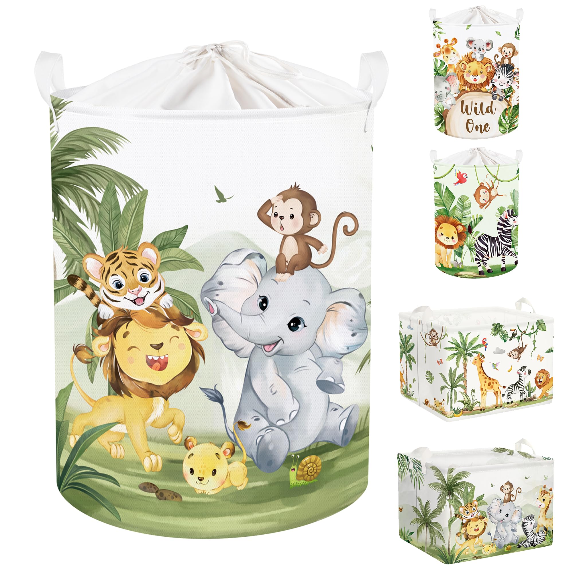 Clastyle Tropical Animal Baby Laundry Hamper Collapsible Clothes Kids Storage Basket Waterproof Boys Girls Toy Box for Nursery Room, Lion Elephant, 40x50 cm