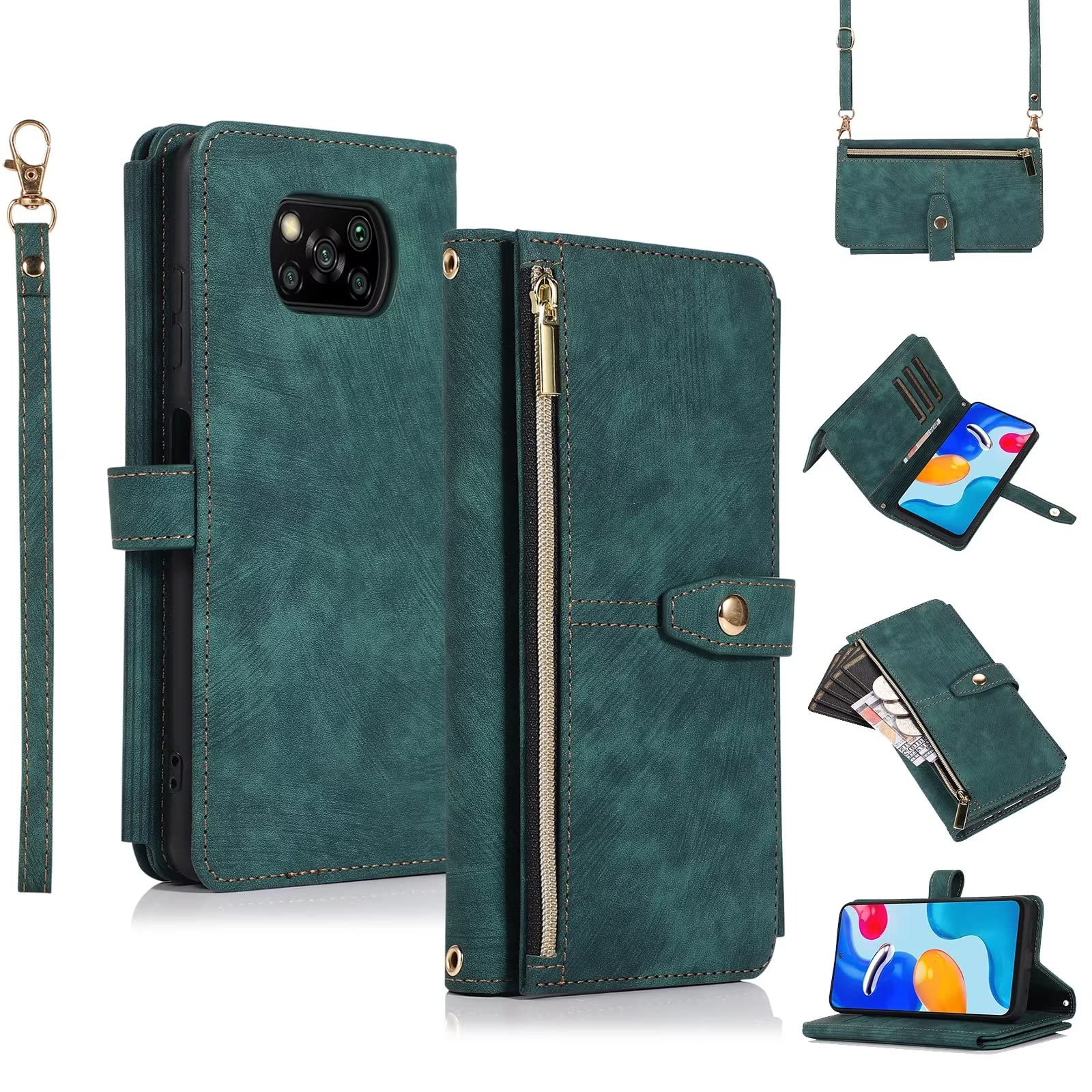 ESONG Case for Xiaomi Poco X3/Poco X3 Pro/Poco X3 NFC,PU Leather Zipper Wallet Flip Magnetic Full Protection Shockproof Cover,Crossbody phone Case for Women[9 Card Slot/2 Coin Pouch/Kickstand],Green
