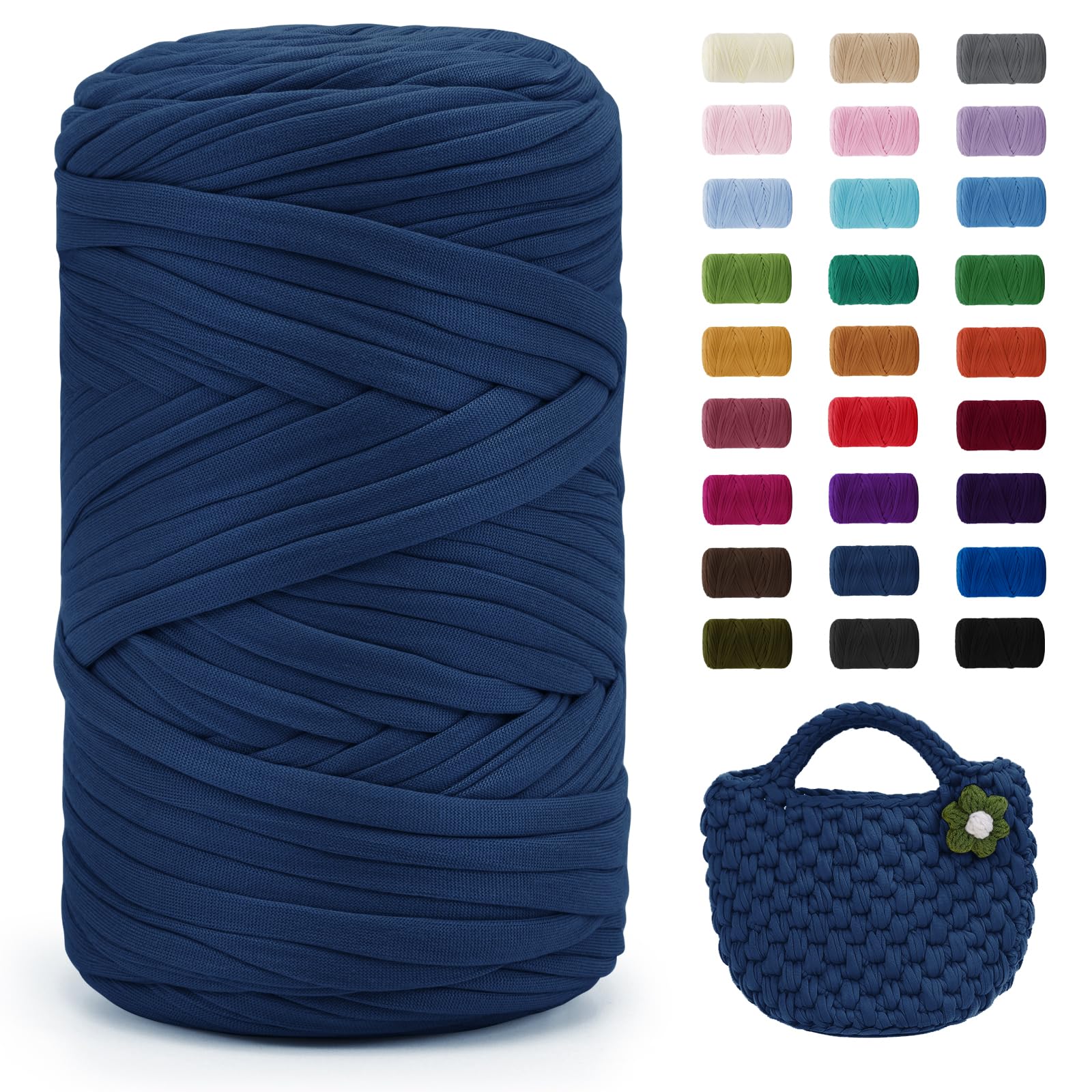 Uiopa Denim Blue T-Shirt Yarn, 400g/120m Elastic Fabric Crochet Cloth T Shirt Yarn, Chunky Hand Knitting Polyester Ribbon for Crocheting Bags/Baskets/Rugs, Home Decor, DIY Crafts