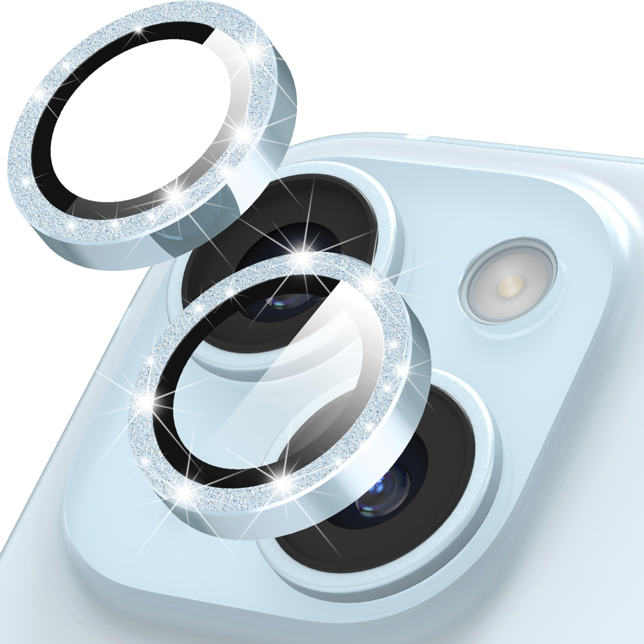 Diruite for iPhone 15/15 Plus Camera Lens Cover,Glitter Decoration HD Tempering Glass+Aluminum Rim Camera Lens Protector