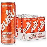 GURU Peach Mango Punch Organic Energy Drinks, Clean Energy Drink with Plant Based Natural Caffeine from Green Tea + Focus with L Theanine, Gluten Free and Vegan, 140MG Caffeine, 12oz (Pack of 12)