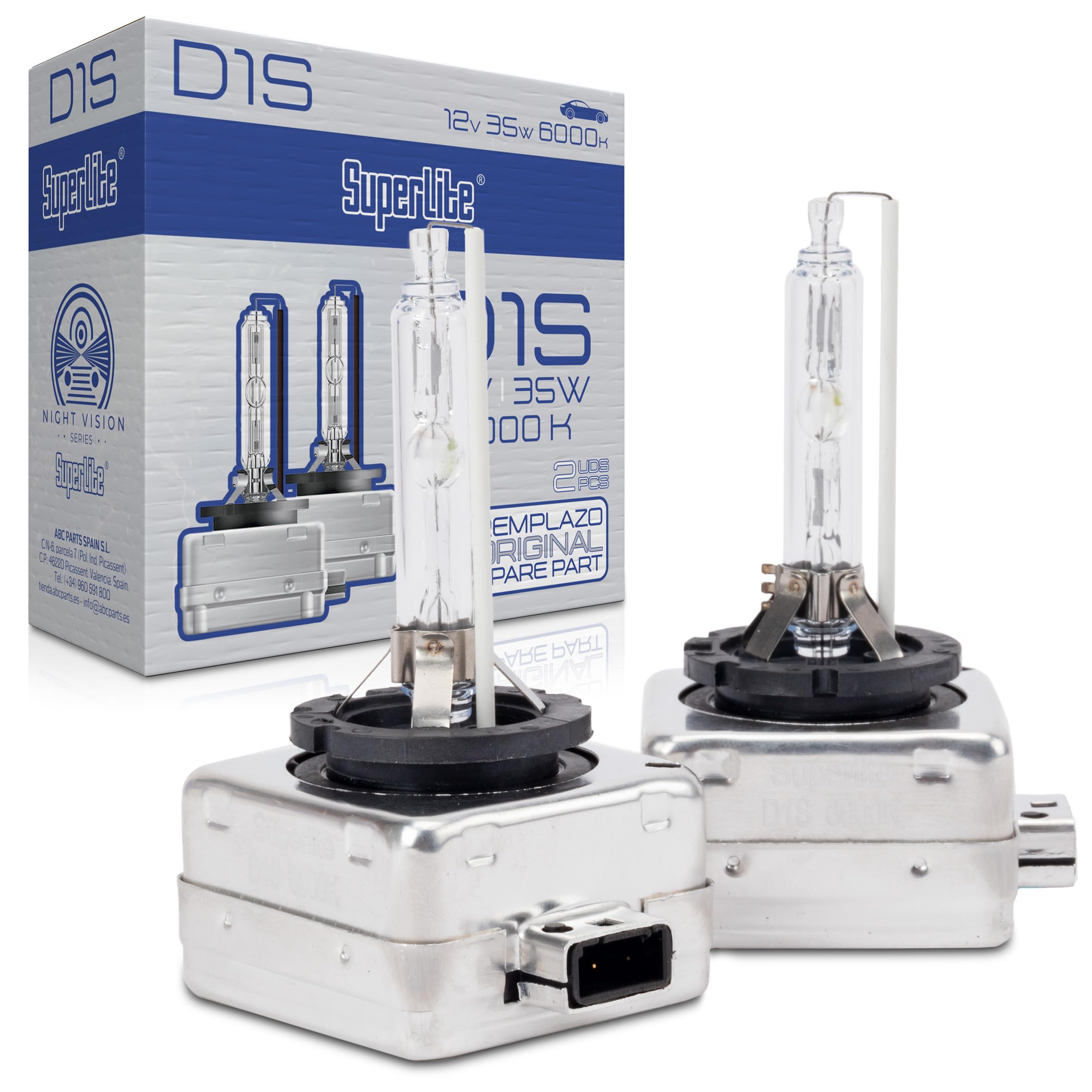 Superlite Set of 2 Xenon D1S 12V 35W 6000K bulbs for Night Vision main headlights. E1 R37/03 approved and RoHs and CE certified. White light for improved visibility.