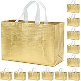 LOOKSGO 12 PCS 15.5x4.7x11 Inches Gold Extra Large Reusable Gift Bags With Handles - XL Goodie, Birthday, Party Favor Bags