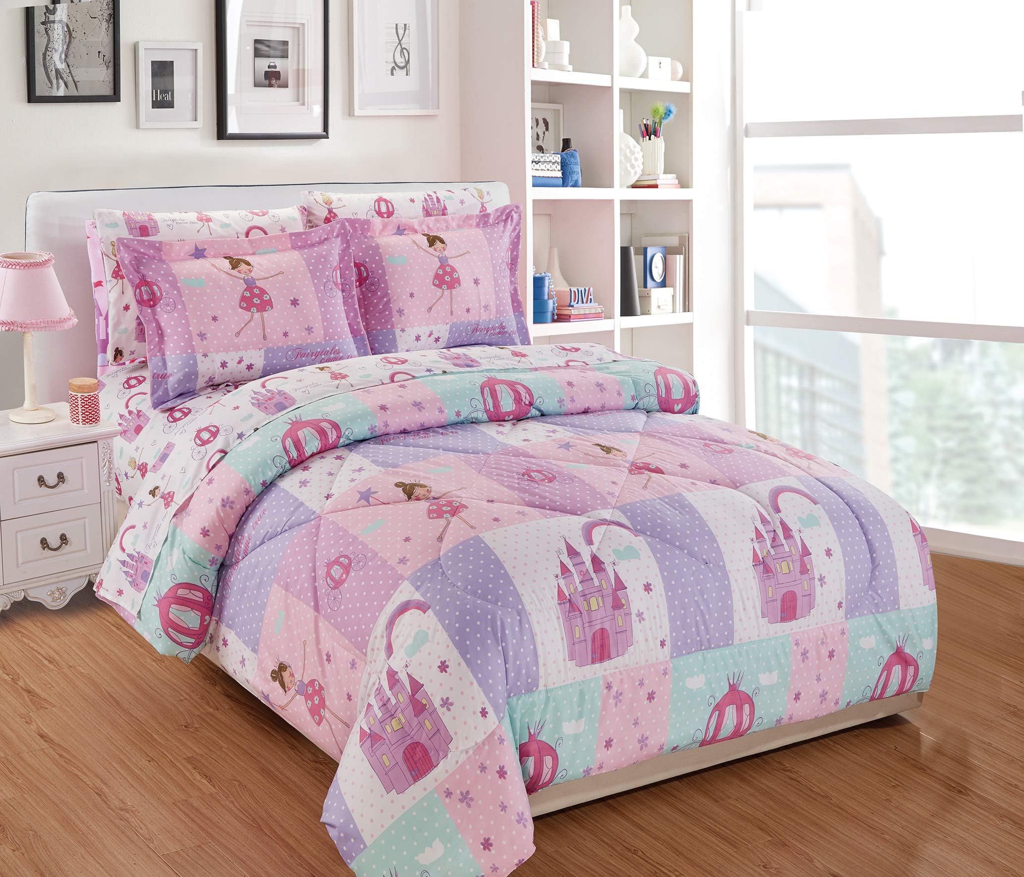 Mk Home Full Size Comforter Set for Girls Princess Fairy Tales Castles Pink White Lavender New