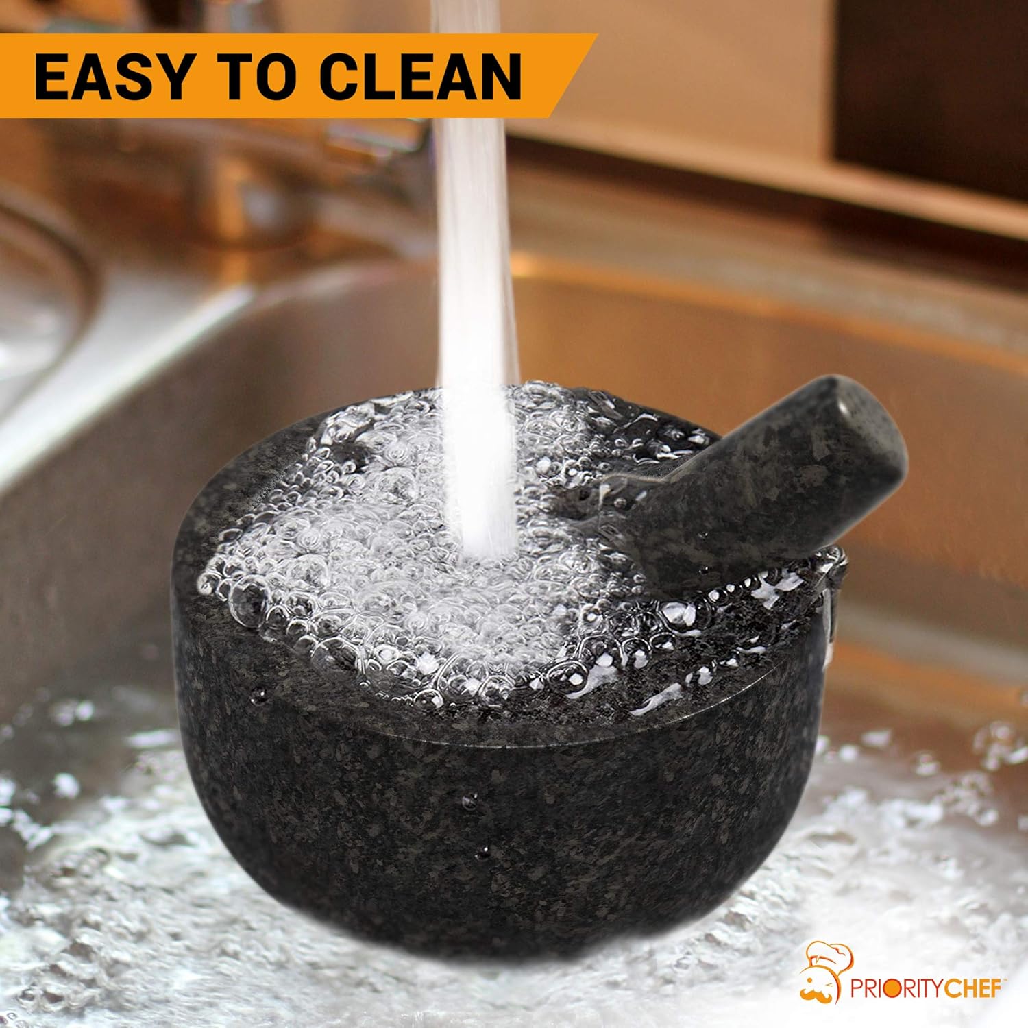 PriorityChef Mortar and Pestle Set, 100% Natural Granite with Polished Black Exterior Finish, 2 Cup Capacity, Silicone Garlic Peeler Included: Kitchen & Dining