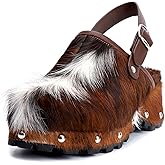 XOBZJH Women's Luxury Natural Cowhide Hair Platform Clogs – Western Retro Slip-On Mules with Zipper and Adjustable Buckle Strap – Handmade Rustic Cow Bone Back Hair Shoes with Arch Support