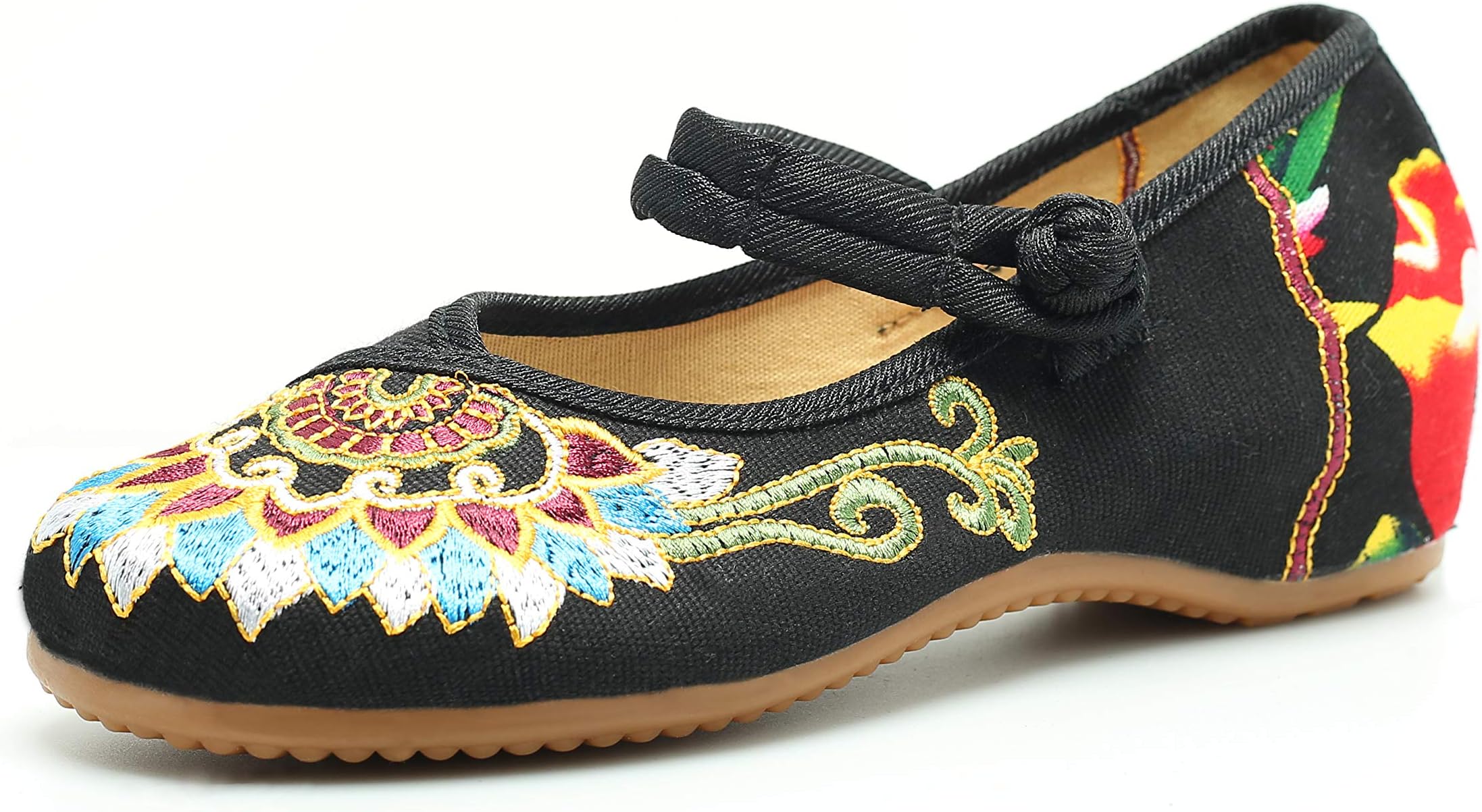 CINAK Floral Embroidered Shoes for Women- Comfortable Loafer Black Casual Round Toe Ballet Flats Shoes