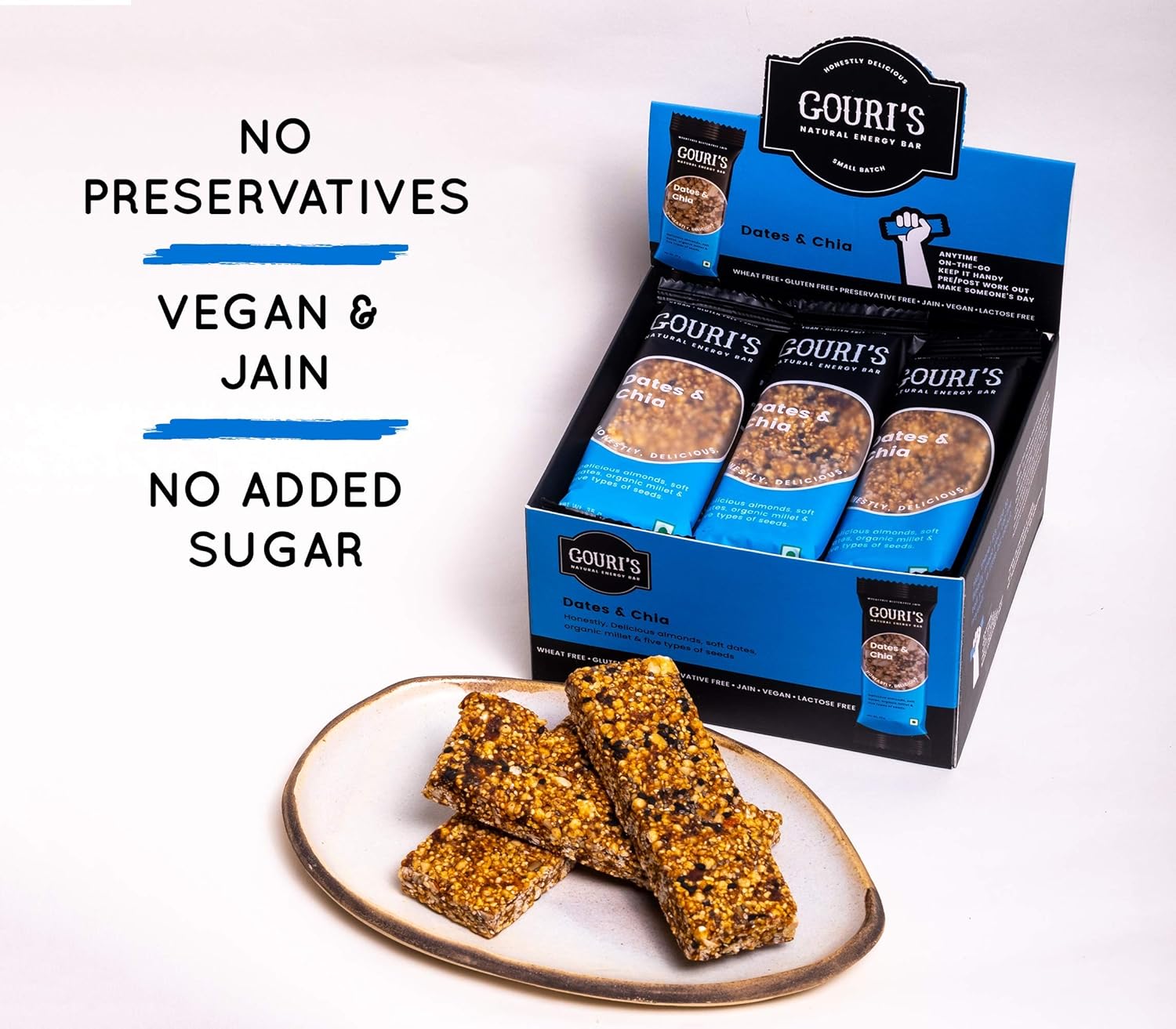 Gouri S Goodies Vegan Energy Bar Dates And Chia Gluten Free Snacks Granola Snack Nutrition Bars 420g 35 Gm X 12 Bars No Added Sugar