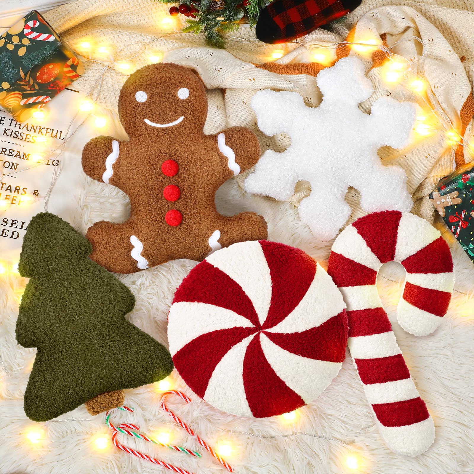 Photo 1 of Memorywuu 5 Pcs Christmas Throw Pillows Xmas Tree Gingerbread Man Snowflake Pillow Stripe Candy Cane Peppermint Shape Cushion Stuffed Christmas Decoration for Home Sofa Bed Couch Party (Classic Color)