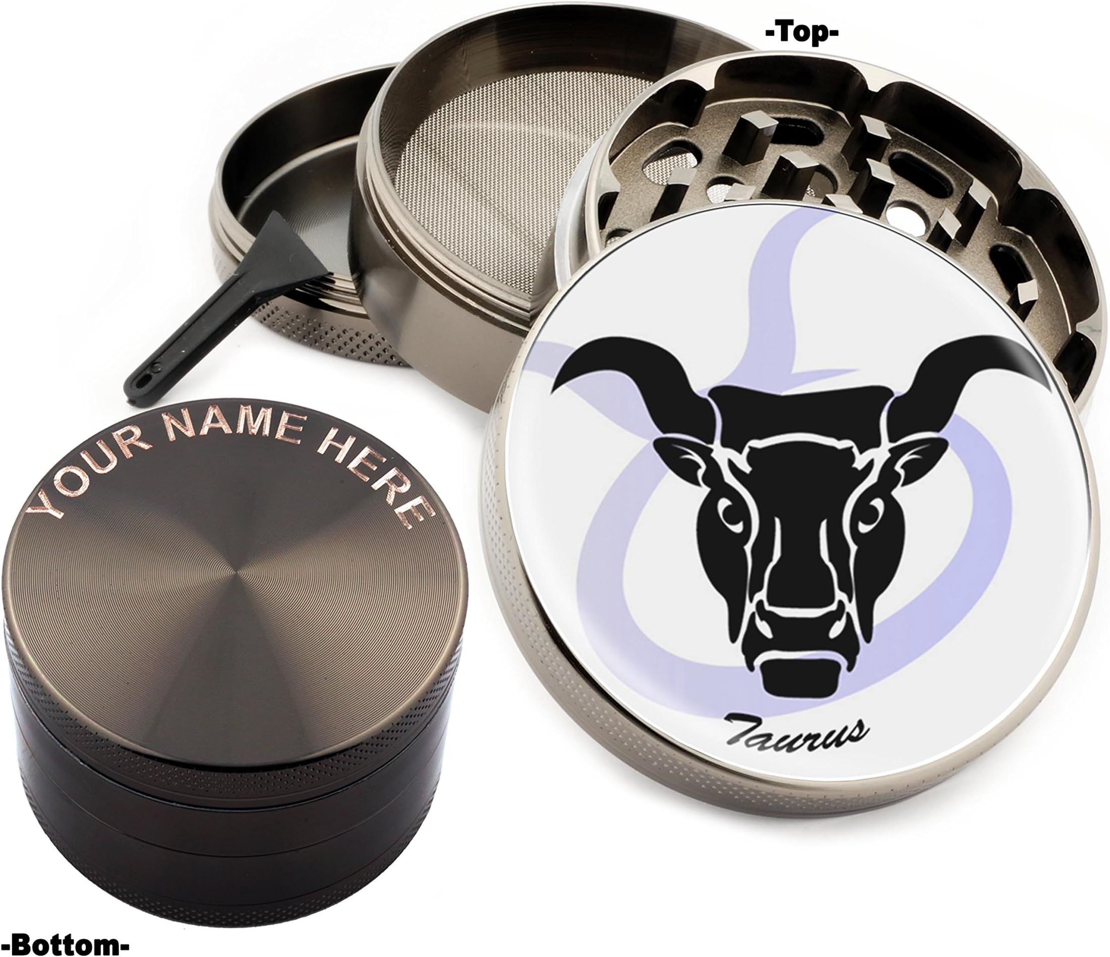 Taurus Zodiac Design Large Size Zinc Grinder With Your Name FREE - Gift Pack Item # 111315-242