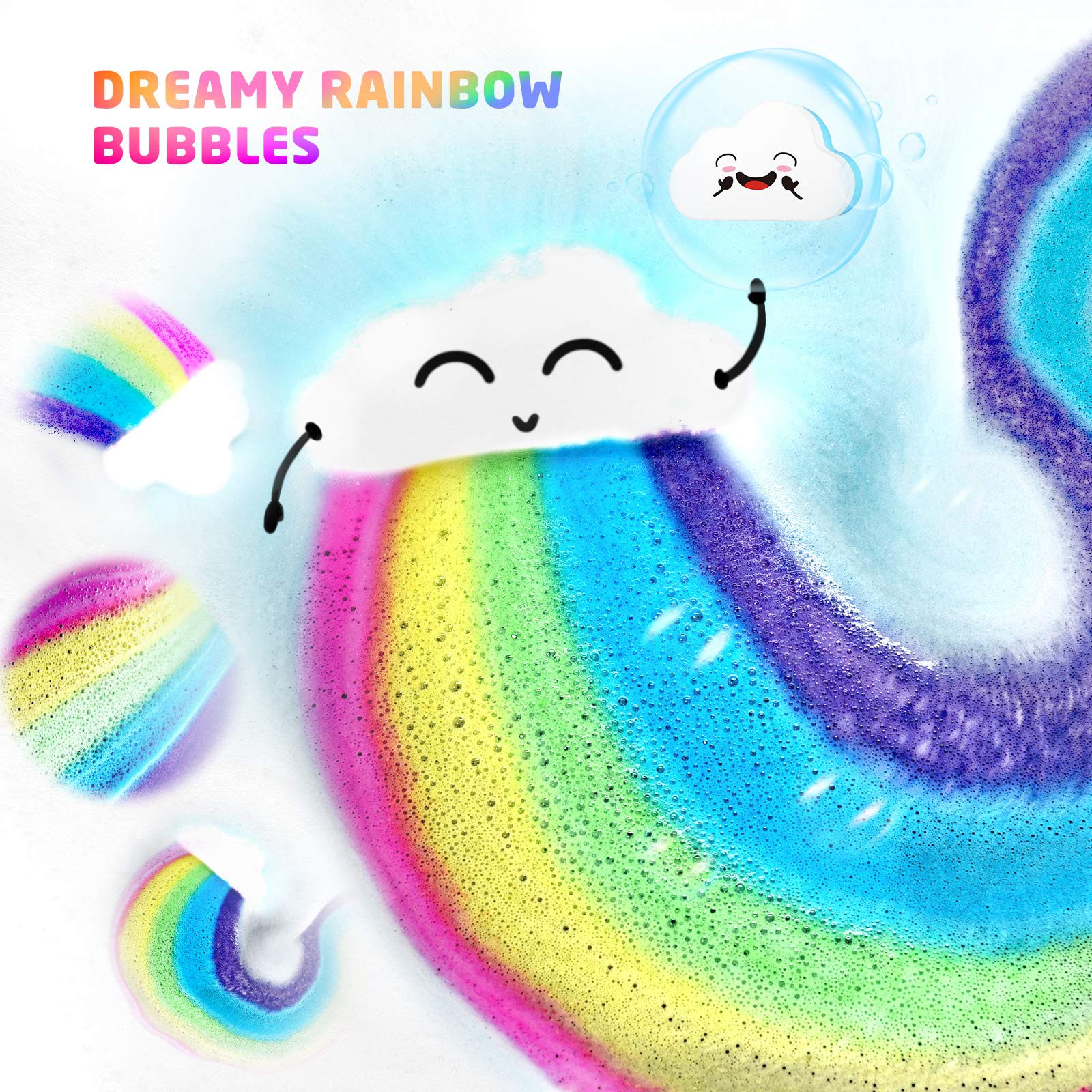 Rainbow Bath Bombs for Kids Girls, 4 XL Organic Kids Bath Bombs with Surprise Colors Inside, Cloud Bath Bombs for Women Relaxing, Stocking Stuffers for Kids Birthday Christmas Gifts for Girls