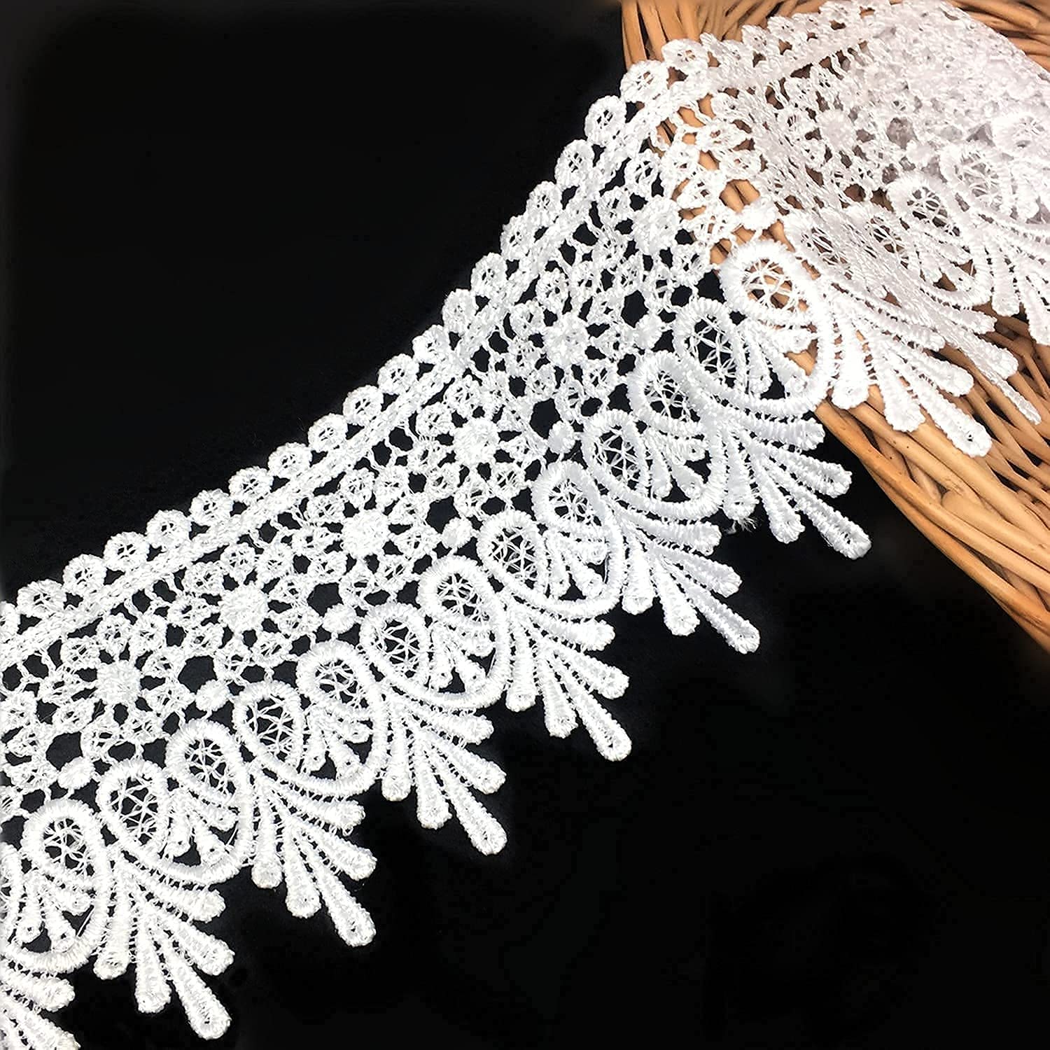 FQTANJU 5 Yard Floral Lace Edge Trim 9cm Wide Ribbon Edging Trimmings Wedding Dress Embellishment Gift Party Decoration Applique DIY Sewing Crafts (Pure White)