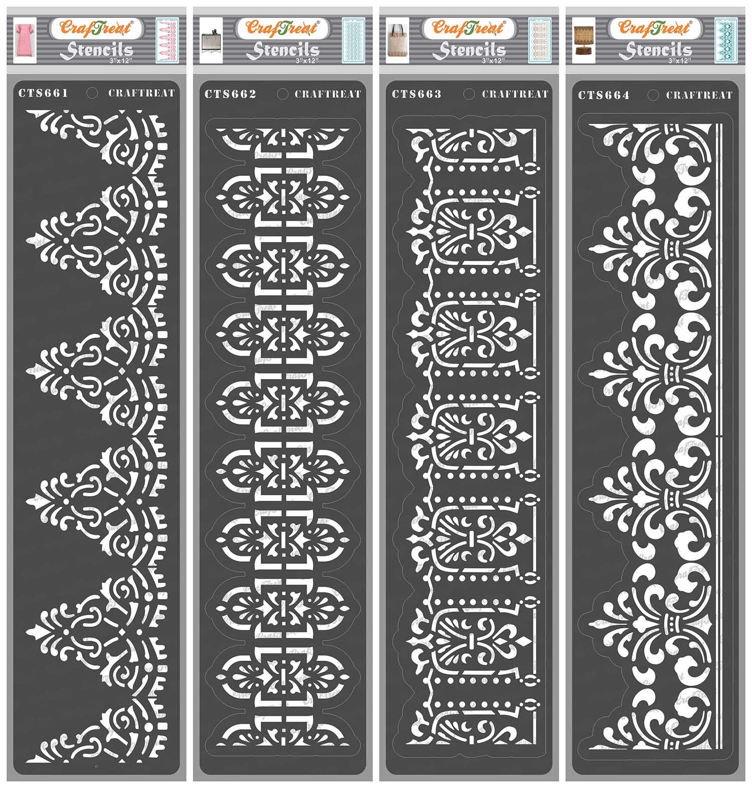 CrafTreat Reusable Border Stencils for Painting on Wood - Border 18, 19, 20 and 21-3X12 Inch - 4 Pcs - Wall Border Stencils for Painting Walls - Decorative Border Stencils for Scrapbooking