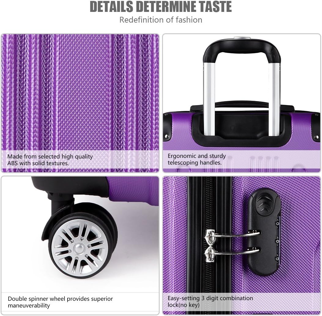 Kono Carry on Cabin Suitcase 55x35x20cm Lightweight Hard Shell ABS Hand Luggage with 4 Spinner Wheels (Purple) - Image 4
